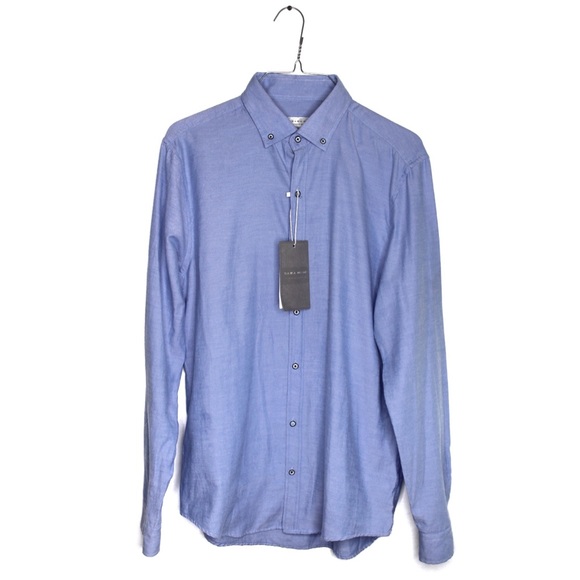 Zara Man NWT Denim Blue Button Up with Patterned Elbow Patch Top Medium - Picture 5 of 10